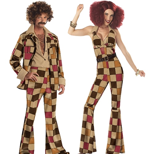 Paar-Cosplay, Halloween, Gruppenkostüme für Paare, ABBA-Kostüm, Herren-/Damen-Film-Cosplay, Retro-/Vintage-Hippie, 1970er-Jahre, brauner Mantel, Turnanzug/Onesie, Hose, Karneval, Maskerade Image