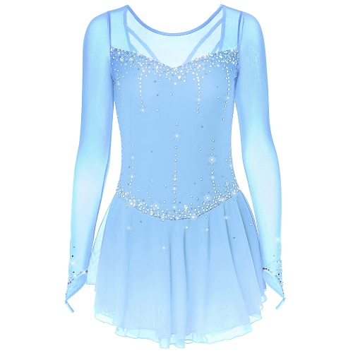 Eiskunstlaufkleid Damen Mädchen Eislaufen Kleider Dunkelgrau Violett Purpur Gitter Elasthan Hochelastisch Ausbildung Praxis Wettbewerb Eiskunstlaufkleidung Handgemacht Klassisch Kristalle Langarm Image
