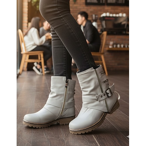 Damen Stiefeletten mit Nietenriemen und Schnallen, lässiger Retro-Style für jeden Tag Image