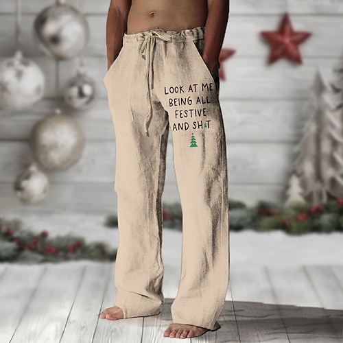 Weihnachten Herren Weihnachtsbaum Buchstabe Fröhliche Weihnachten Hosen Hose Mittlere Taille Vintage Urlaub Alltagskleidung Ausgehen Frühling Herbst Schwarz Weiß Grün Image