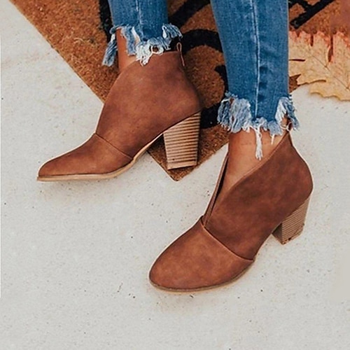 Schwarze Stiefeletten für Damen – trendige V-Ausschnitt-Schlupfstiefeletten mit klobigem Blockabsatz für lässige herbstliche Outfits Image
