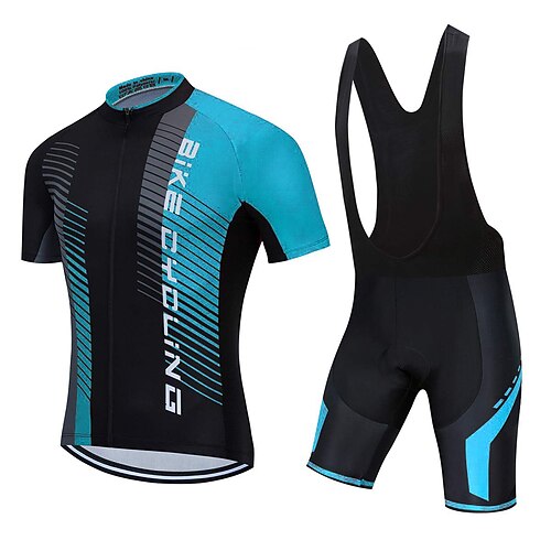 21Grams Herren Radtrikot mit Radhose kurz Trägern fahrradbekleidung set Kurzarm MTB Mountain Rennrad Grün Blau Gelb Streifen Fahhrad Sportkleidung 3D-Pad Atmungsaktiv Rasche Trocknung / Image