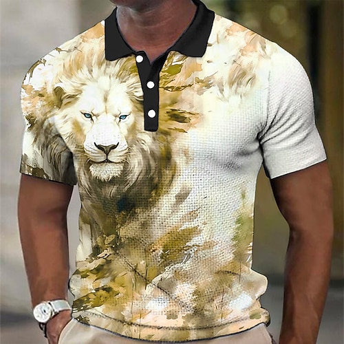 Herren Löwe Waffel-Poloshirts Golfshirt Kurzarm Polo-Shirts Hemden mit Kragen Lässig Lustig Streetwear Urlaubskleidung Party-Outfits 3D-Druck Knöpfe Blau Gelb Rote Image
