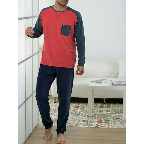 Herren Hausanzug Schlafanzüge Schlafanzug Set Pyjama-Oberteil und Hose 2 Stück Glatt Stilvoll Brautkleider schlicht Komfort Heim Täglich Baumwollmischung Komfort Rundhalsausschnitt Langarm T Shirt Image