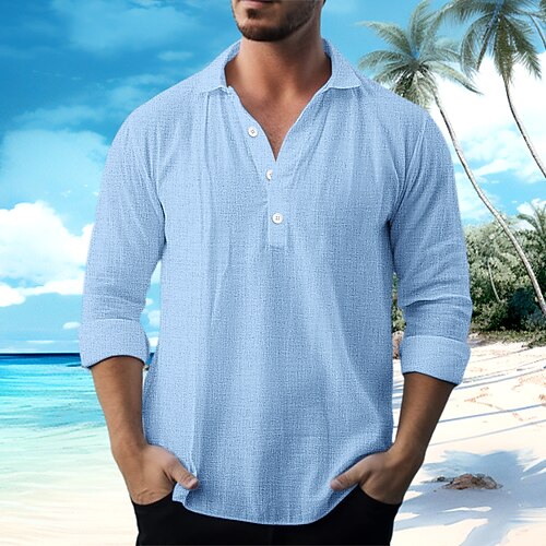 Herren Hemd Leinenhemd Sommerhemd Strandbekleidung Freizeithemd Einfach Urlaub Kreuzfahrt Weiß Blau Grün Khaki Langarm Umlegekragen Frühling Sommer Bekleidung Image