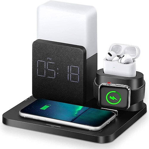 Ladestation 15 W Ausgangsleistung Drahtlose Ladestation MSDS UN38.3 RoHs Schnelles kabelloses Laden 5 in 1 Digitaluhr Für Apple Watch Mobiltelefone AirPods 2 / AirPods Pro Image