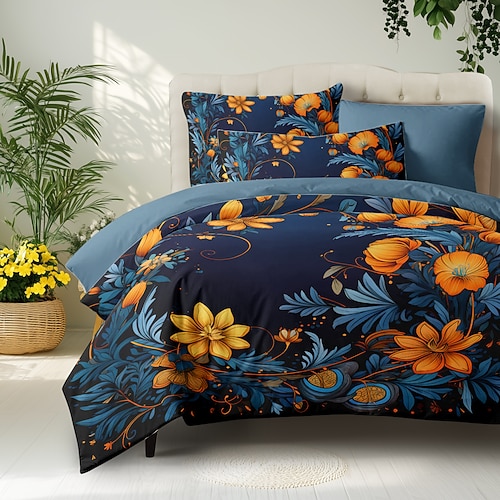 Blumenmuster-Bettbezug-Set, Bettdecken-Set, bedruckter Bettdeckenbezug, Baumwoll-Bettwäsche-Sets mit Umschlag-Kissenbezug, Raumdekoration, King-Size-Bettbezug Image