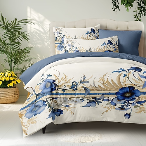 Blumenmuster-Bettbezug-Set, Bettdecken-Set, bedruckter Bettdeckenbezug, Baumwoll-Bettwäsche-Sets mit Umschlag-Kissenbezug, Raumdekoration, King-Size-Bettbezug Image