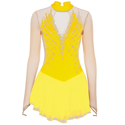 Eiskunstlaufkleid Damen Mädchen Eislaufen Kleider Austattungen Schwarz Gelb Dunkellila Rückenfrei Gitter Spandex Hochelastisch Professionell Wettbewerb Eiskunstlaufkleidung Kristalle Langarm Image