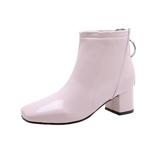 Gelbe Damen-Stiefeletten aus Lackleder mit Blockabsatz und Fleecefutter, glänzende modische Kurzstiefel für Freizeit, Party und Ausgehen Image