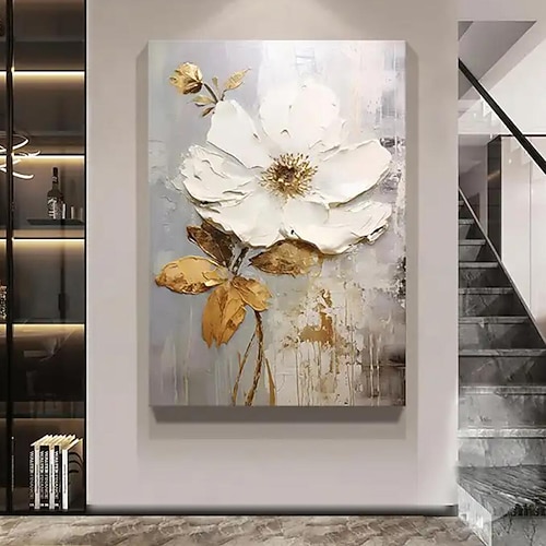 Handgemaltes großes Blumentexturgemälde, 3D-Texturgemälde, abstraktes Goldblumengemälde, originales goldenes Wandkunst-Blumengemälde für Wohnzimmer, Heimdekoration, gespannter Rahmen, fertig zum Image