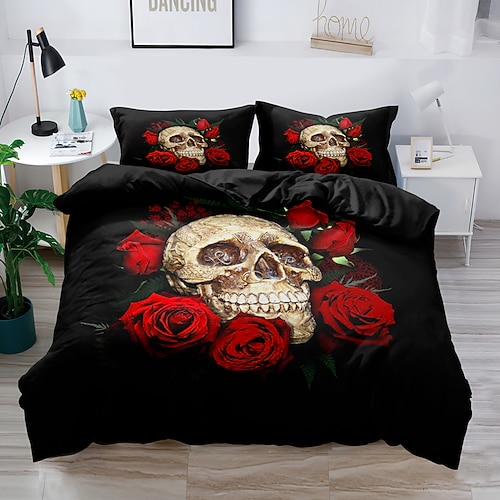 2 Teile/3 Teile 3D-Bettwäsche mit Totenkopf-Aufdruck, Bettbezug, Bettwäsche-Sets, Bettdeckenbezug mit 1 bedruckter Bettbezug oder Bettdecke, 2 Kissenbezüge für Doppelbett/Queen/King Image