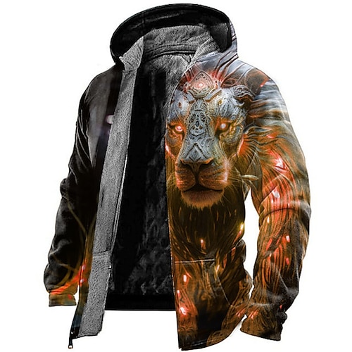 Herren Tiermotiv Löwe Grafikdrucke Kapuzensweatshirt Kapuzenshirts Pullover Täglich Klassisch Lässig Langarm Mit Kapuze Urlaub Ferien Ausgehen Rote Blau Purpur Orange Fleece Winter Designer S M L XL Image