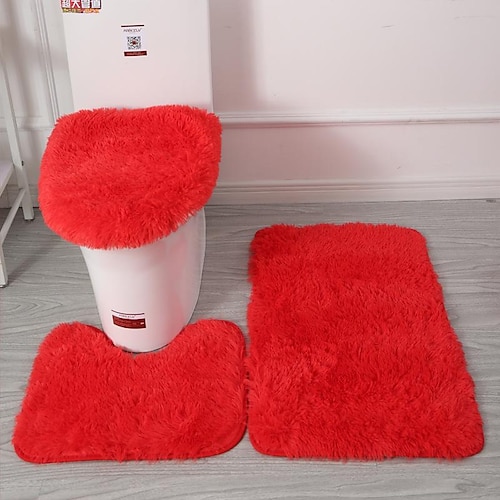 3-teiliges Set weiche, einfarbige Badematte, rutschfest, rechteckig, U-förmig, für Badezimmer, WC-Vorleger, Bodenmatte, Türmatte Image