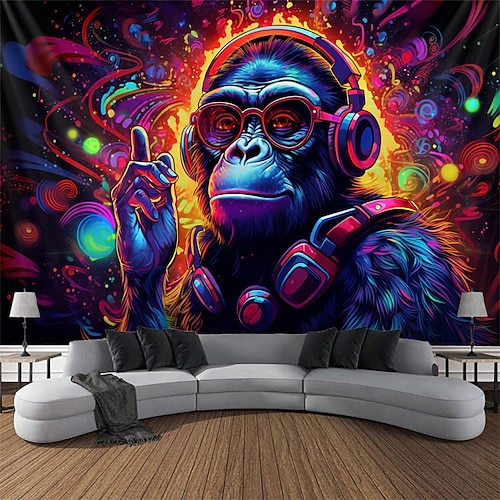 Schwarzlicht-Wandteppich, UV-reaktiv, leuchtet im Dunkeln, DJ, Schimpansen, Tier, trippig, neblige Natur, Landschaft, Glow Party, Wandteppich, Wandbild für Wohnzimmer, Schlafzimmer Image