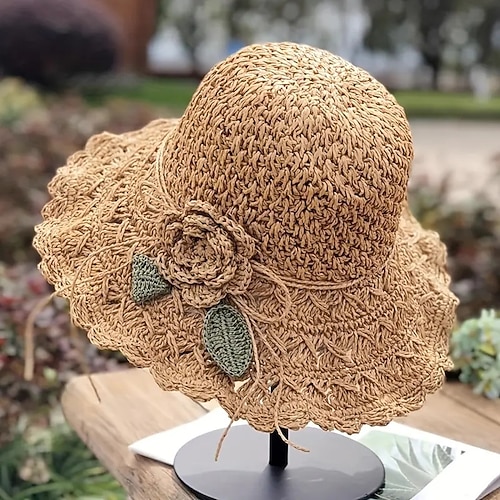 Damen Sonnenhut beige gehäkelt Blumendetail breite Krempe Strand Garten Party elegantes Accessoire Einheitsgröße passt den meisten Frühlings- und Sommerbekleidung
