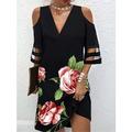 Damen abendkleider Cocktailkleid Kleid für Hochzeitsgäste Gitter Bedruckt V Ausschnitt 3/4 Ärmel Blumen Minikleid kleid hochzeitsgast Geburtstag Elegant Hellgelb Schwarz Sommer Frühling