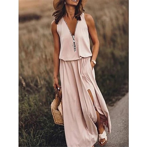 Damen Freizeitkleid einfarbig Reißverschlusstasche V-Ausschnitt Maxi langes Kleid Basic Casual Alltag ärmellos Sommer Frühling Image