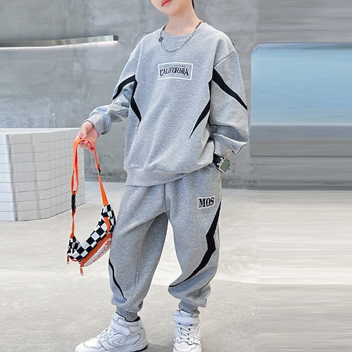 2 Stück kinderkleidung Jungen Kapuzenpulli Hose Sweatshirt Hose Kleidungsset Outfit Buchstabe Streifen Langarm Tasche Set Schulanfang Sport Cool Täglich Frühling Herbst 7-13 Jahre Schwarz Grau Image