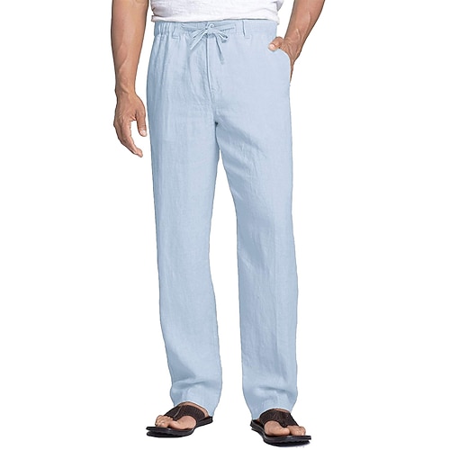 Herren Leinenhosen Hose Freizeithose Sommerhose Strandhose Tasche Elastischer Bund Einfach Komfort Weich Täglich Outdoor Ausgehen Mode Lässig Blau Khaki Image