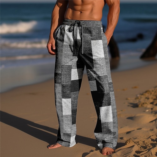 Herren Hose Hosen Sommerhosen Strandhose Kordelzug Elastische Taille 3D-Druck Farbblock Geometrische Muster Grafik-Drucke Komfort Casual Täglich Festtage Strassenmode Hawaiianisch Gelb Hellgrün Image