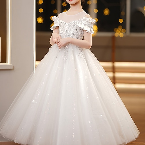 kinderkleidung Mädchen Blumenmädchen Kleid Party Kleid Feste Farbe Kurzarm Hochzeit Party Besondere Anlässe Prinzessin Polyester abendkleider Blumenmädchenkleid Sommer Frühling 3-12 Jahre Wei Image