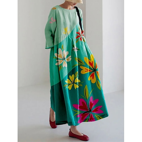 Damen Langes Kleid Maxikleid Kunstbaumwollleinen Kaftan Kleid Sommerkleid Druckkleid Mode Modern Täglich Outdoor Urlaub Lässiger Schnitt Blumen Kurzarm Rundhalsausschnitt Gelb Rosa Rote Grün Herbst Image