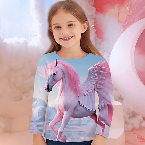 Mädchen 3D Einhorn T-Shirt Hemden Langarm 3D-Druck Herbst Winter Aktiv Modisch Kuschelig kinderkleidung 3-12 Jahre Rundhalsausschnitt Outdoor Casual Täglich Regular Fit Image