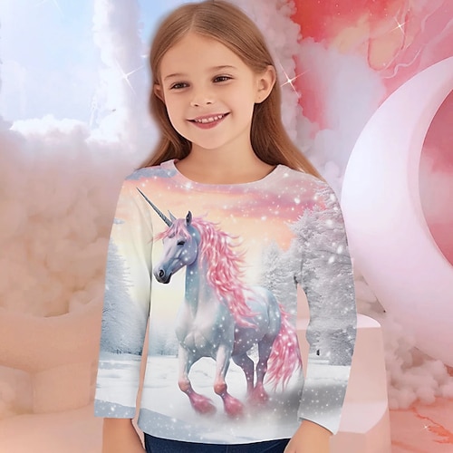Mädchen 3D Einhorn T-Shirt Hemden Langarm 3D-Druck Herbst Winter Aktiv Modisch Kuschelig kinderkleidung 3-12 Jahre Rundhalsausschnitt Outdoor Casual Täglich Regular Fit Image