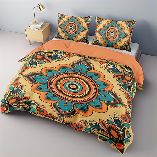 Bohemian-Mandala-Baumwoll-Bettwäsche-Set, leicht und weich, 2/3-teiliges Set, geeignet für Erwachsene und Kinder, Baumwoll-Bettwäsche-Set, King-Size-Bett, Bettbezug Image