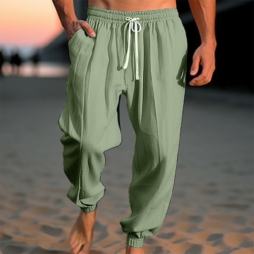 Herren Leinenhosen Hose Sommerhose Strandhose Kordelzug Elastischer Bund Einfach Komfort Atmungsaktiv Lässig Täglich Ferien Mode Klassicher Stil Armeegrün Marineblau Image