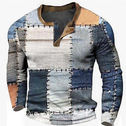 Herren Grafik Karomuster Henley Hemd Waffel-T-Shirt Langarm 3D-Druck Designer Lässig Vintage-Retro Sport im Freien Ferien Festival Frühling Herbst Blau Hellblau Marineblau Königliches Blau Image
