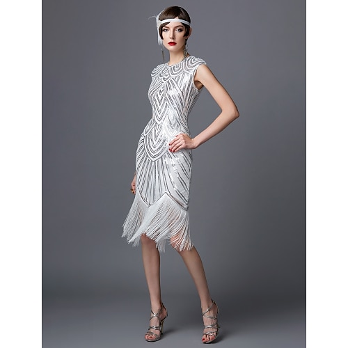 Goldene Zwanziger 1920er Knielang Kleid Flapper Kleid Cocktailkleid Cap-Ärmel Der große Gatsby Charleston Hochzeitsgast Pailletten Quastenfransen Einfarbig Rundausschnitt Kostüm Damen Abschlussball