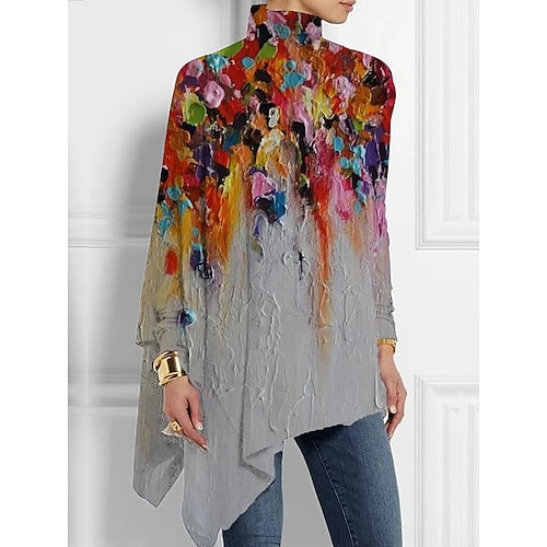 Damen T-Shirt Lange Ärmel Fashion Blumen Druck Asymmetrischer Saum Lange Oberteile Hoher Hals Lässig Urlaub Blau Grün Grau Frühling Herbst Vorsaison Image