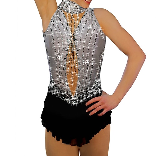 Eiskunstlaufkleid Damen Mädchen Eislaufen Kleider Austattungen Grau Elasthan Hochelastisch Ausbildung Wettbewerb Eiskunstlaufkleidung Handgemacht Kristalle Ärmellos Eislaufen Wintersport Eiskundstlauf Image