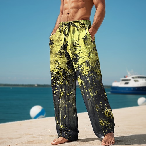 Splash Ink Herren-Resort-Hose mit 3D-Druck, Freizeithose, elastische Taille, Kordelzug, lockere Passform, gerades Bein, Sommer-Strandhose, S bis 3XL Image