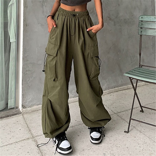 Damen-Cargo-Fallschirmhose, Hose mit weitem Bein, weit, in voller Länge, weit, mikroelastisch, hohe Taille, modisch, lässig, täglich, Armeegrün, Schwarz, S, M, Frühlingamp; fallen Image