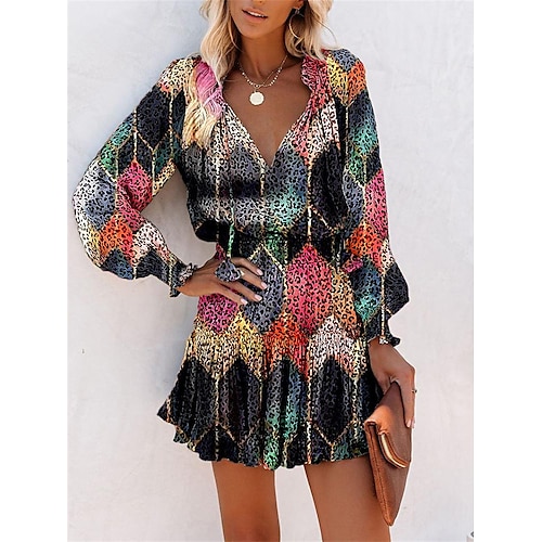Damen Blumen Leoparden Rüschen Rüschen Minikleid V-Ausschnitt Alltag Urlaub Langarm Sommer Frühling Image