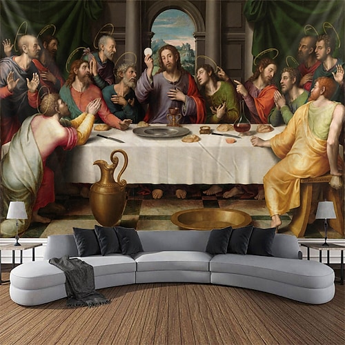 Renaissance-Wandteppich mit religiöser Kunst, großer Wandteppich, Wanddekoration, Fotohintergrund, Decke, Vorhang, Zuhause, Schlafzimmer, Wohnzimmer, Dekoration, Tempera, das letzte Abendmahl Image