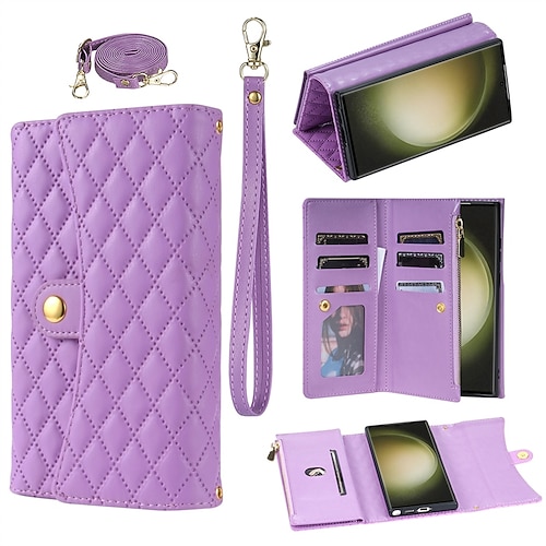 Handy Hülle Handyhüllen Für Samsung Galaxy S25 S24 S23 S23 FE S22 S21 Ultra Plus A14 A34 A54 A24 Brieftaschenhülle Reisverschluss Vollschutz mit Trageriemen Retro Geometrisches Muster TPU PU-Leder Image