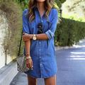 Hemd Tunika Damen Blau Dunkelblau Solide / einfarbig Lang Button-Down Strasse Täglich Klassisch Hemdkragen Denim Regular Fit S