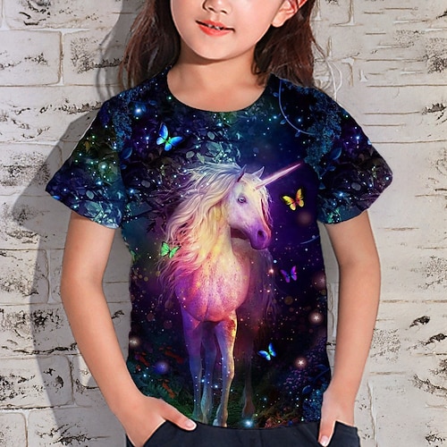 Mädchen 3D Tier Einhorn T-Shirt Kurzarm 3D-Druck Sommer Frühling Aktiv Modisch Kuschelig kinderkleidung 3-12 Jahre Outdoor Täglich Innen Regular Fit Image
