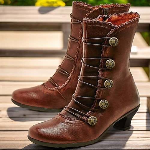 braune Vintage-Stiefeletten im viktorianischen Stil zum Schnüren für Damen mit Knopfdetails und mittlerem Absatz für Cosplay, historische Nachstellungen und den Alltag Image