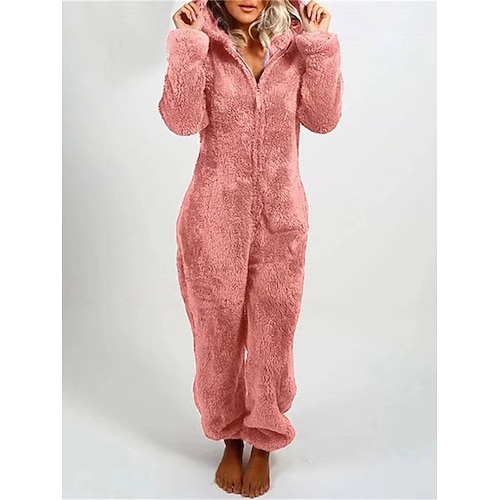 Damen-Onesie-Pyjama, Plüsch-Fleece, Kapuzenpullover mit Bärenohren, rot, durchgehender Winterwärmer, gemütliche Loungewear, Nachtwäsche mit Reißverschluss, lässige Home-Home-Outfits Image