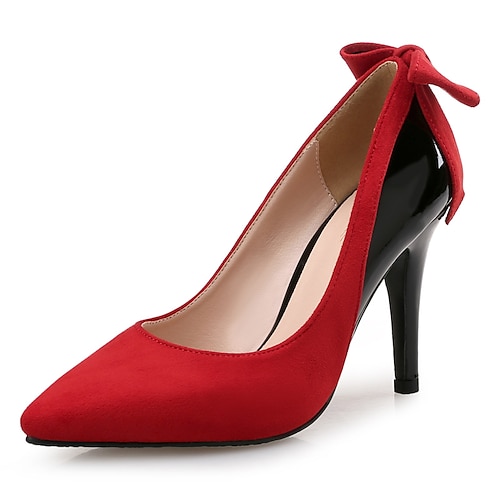 rote und schwarze Stilettos mit spitzer Spitze – elegante Pumps aus Wildleder mit Schleife für Damen, Party- Abendgarderobe Image