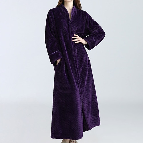 Damen-Fleece-Bademäntel, flauschig, flauschig, warm, Pyjama-Kleid, Bademantel, Nachthemd, 1 Stück, reine Farbe, Plüsch, schlicht, bequem, für zu Hause, tägliches Bett, Korallensamt, warm, Image