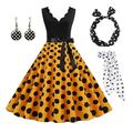Damen A-Linie Rockabilly-Kleid Polka Dots Swing-Kleid Schlagkleid mit Zubehör-Set 1950er 60er Jahre Retro Vintage mit Stirnband Chiffon-Schal Ohrringe Katzenbrille Sonnenbrille 6-tlg