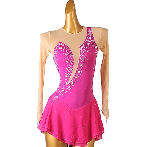 Eiskunstlaufkleid Damen Mädchen Eislaufen Kleider Orange Rosenrot Patchwork Rückenfrei Gitter Hochelastisch Ausbildung Wettbewerb Eiskunstlaufkleidung Klassisch Kristalle Langarm Eislaufen Image