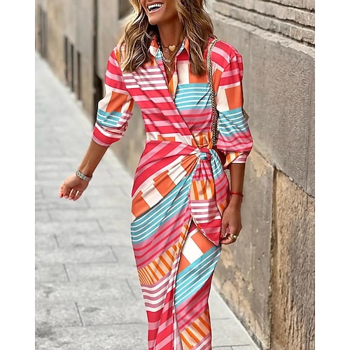 Freizeitkleid für Damen, Midikleid, orange, rote Blume, blauer Streifen, roter Streifen, schwarz, rosa Blume, Marineblau, Buchstabeblau, lila Blume, Marineblau, rosa Kette, dunkelrosa Kette, halbe Image