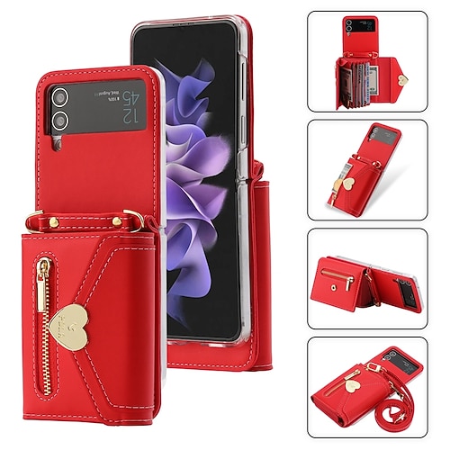 Handy Hülle Handyhüllen Für Samsung Galaxy Z Flip 6 Z Flip 5 Z Flip 4 Z Flip 3 Handtasche Brieftaschenhülle Flip Reisverschluss Mit Abnehmbarem Schultergurt Einfarbig PU-Leder Image
